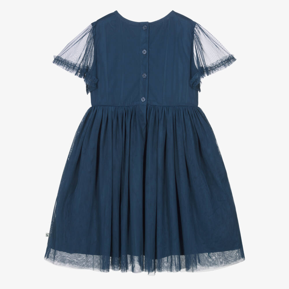 Frugi-Girls Navy Blue Star & Floral Appliqué Tulle Dress | Childrensalon