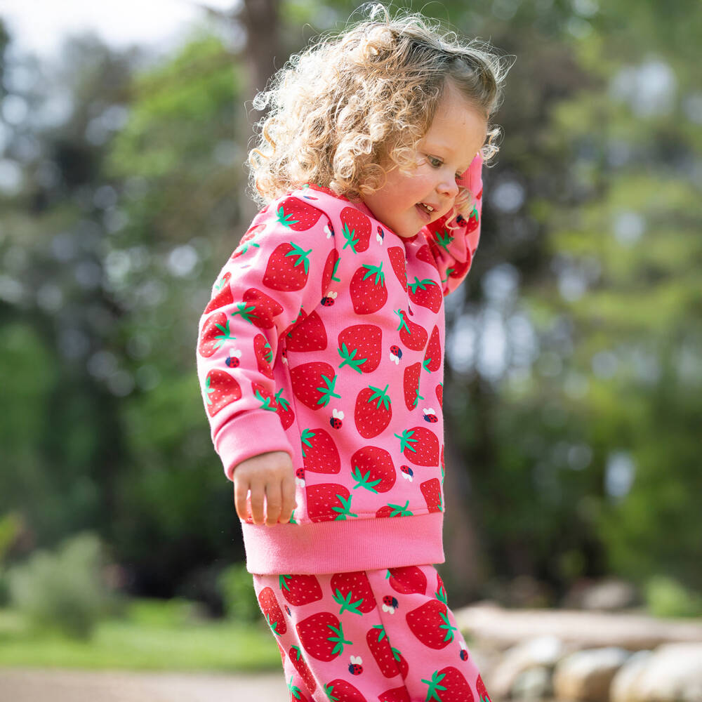 Frugi-Girls Pink Cotton Strawberry Joggers | Childrensalon