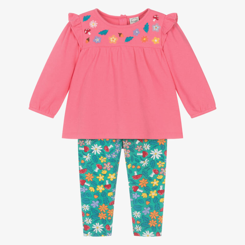 Frugi-Girls Pink & Green Cotton Floral Leggings Set | Childrensalon