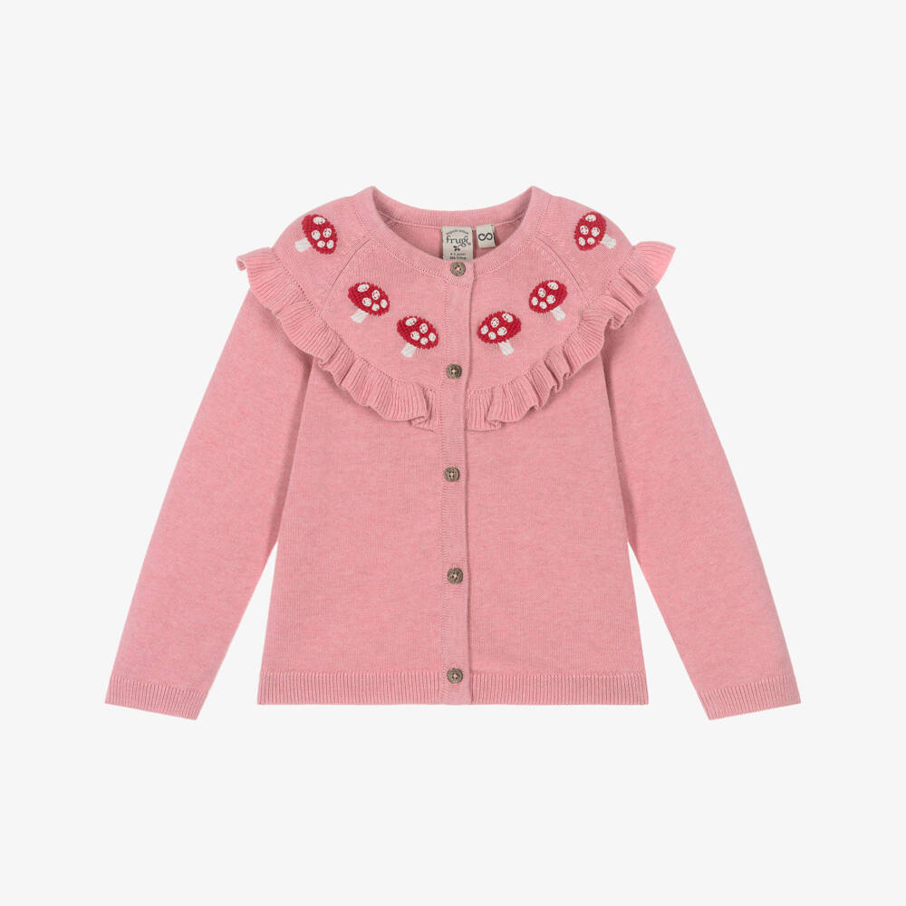 Frugi-Girls Pink Organic Cotton Mushroom Embroidered Cardigan | Childrensalon