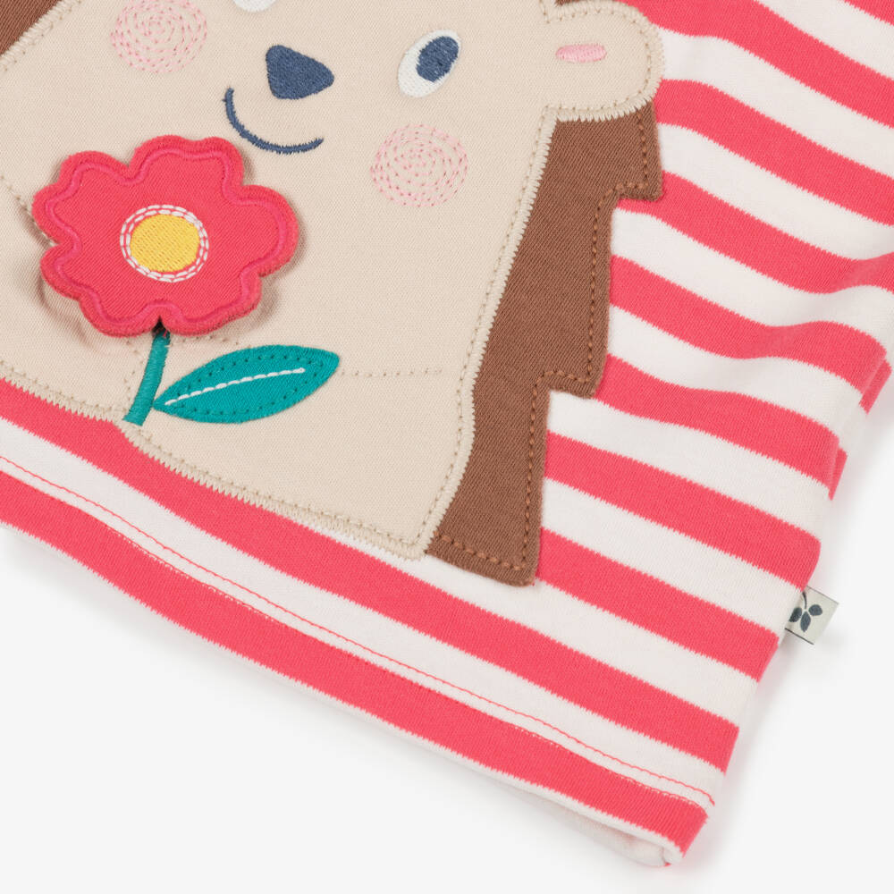 Frugi-Girls Pink Stripe Organic T-Shirt with Hedgehog Appliqué | Childrensalon