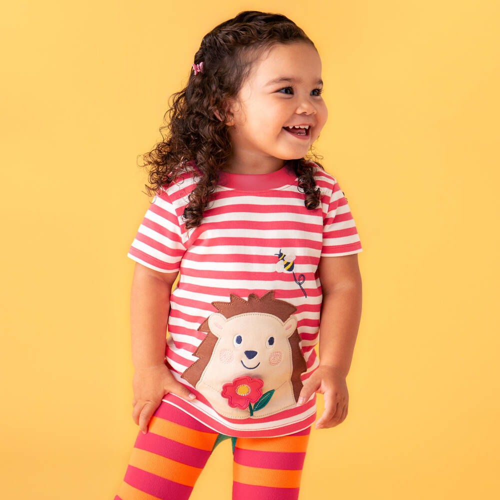 Frugi-Футболка в полоску пурпурная с аппликацией ёжика для девочек | Childrensalon