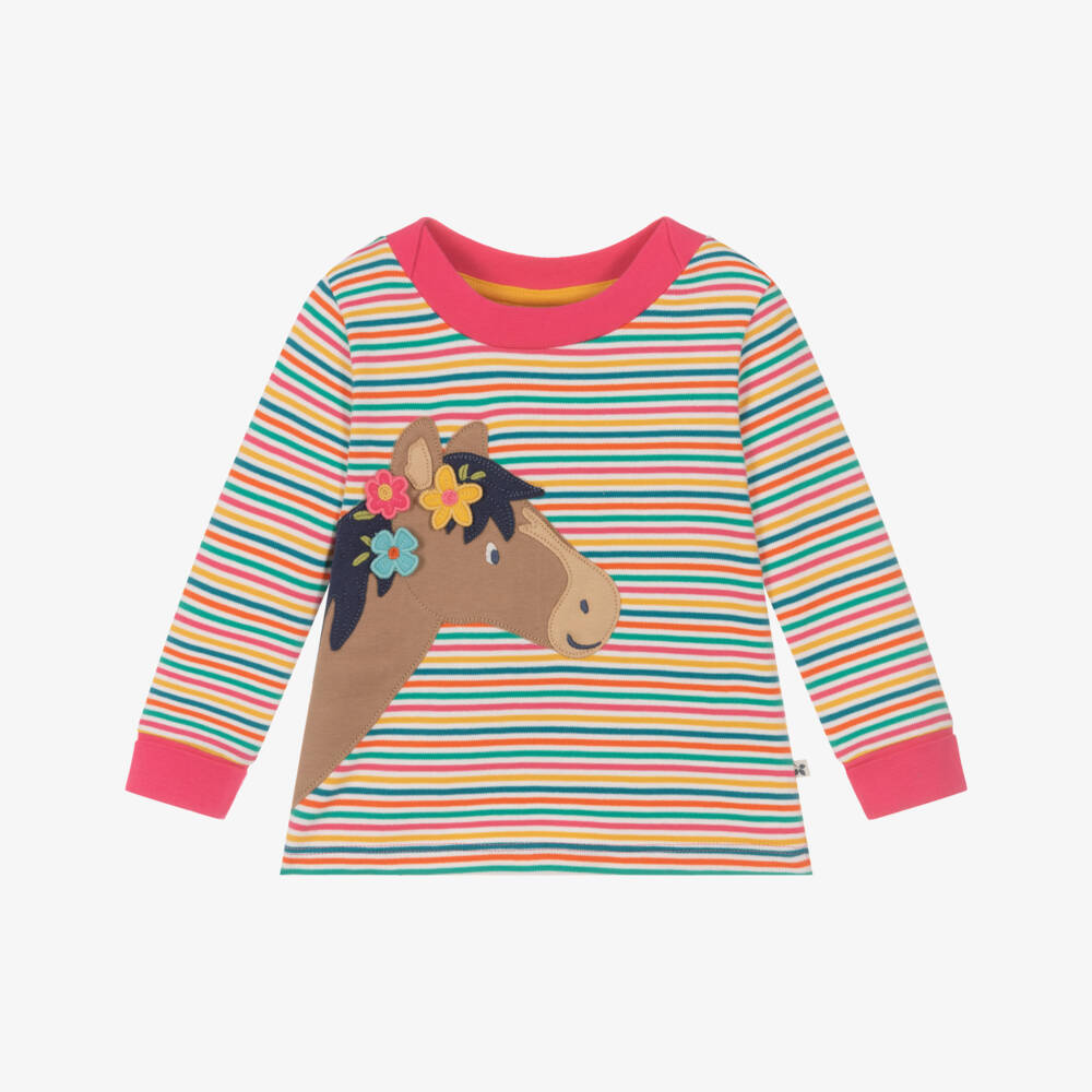 Frugi-Girls Pink Striped Organic Cotton Long Sleeve Horse Top | Childrensalon