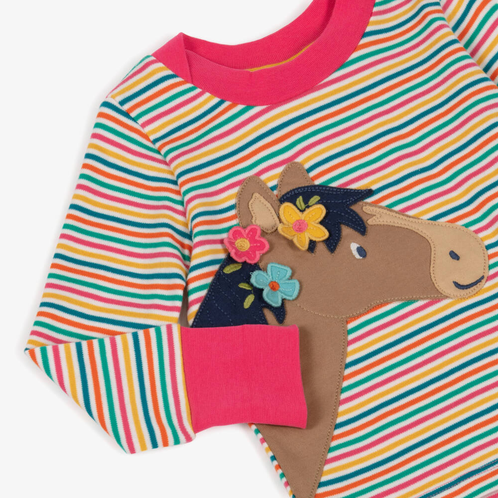 Frugi-Girls Pink Striped Organic Cotton Long Sleeve Horse Top | Childrensalon