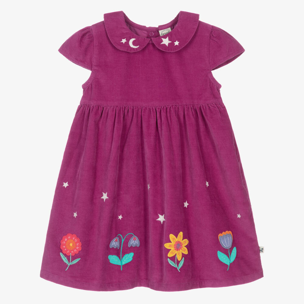 Frugi-Girls Purple Needlecord Flower Appliqué Dress | Childrensalon