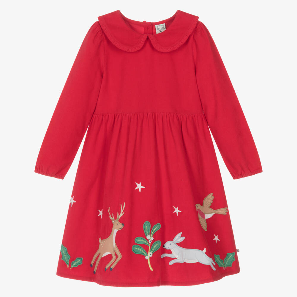 Frugi-Girls Red Cotton Festive Cord Dress | Childrensalon