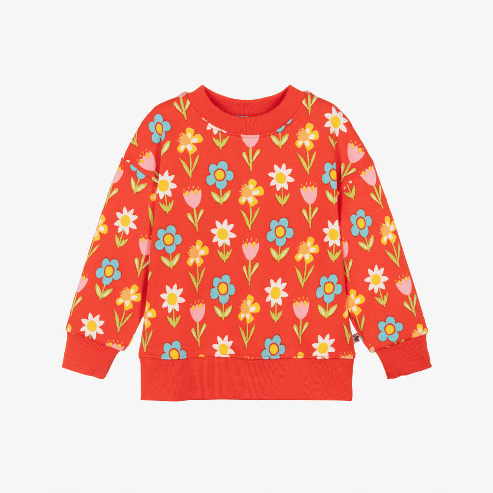 Frugi-Girls Red Cotton Sweatshirt with Colourful Floral Print | Childrensalon