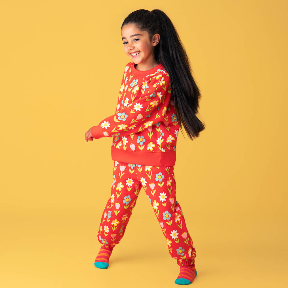 Frugi-Girls Red Cotton Sweatshirt with Colourful Floral Print | Childrensalon