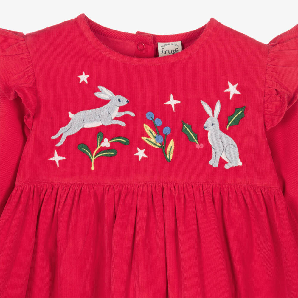 Frugi-Girls Red Needlecord Dress with Embroidered Rabbits | Childrensalon