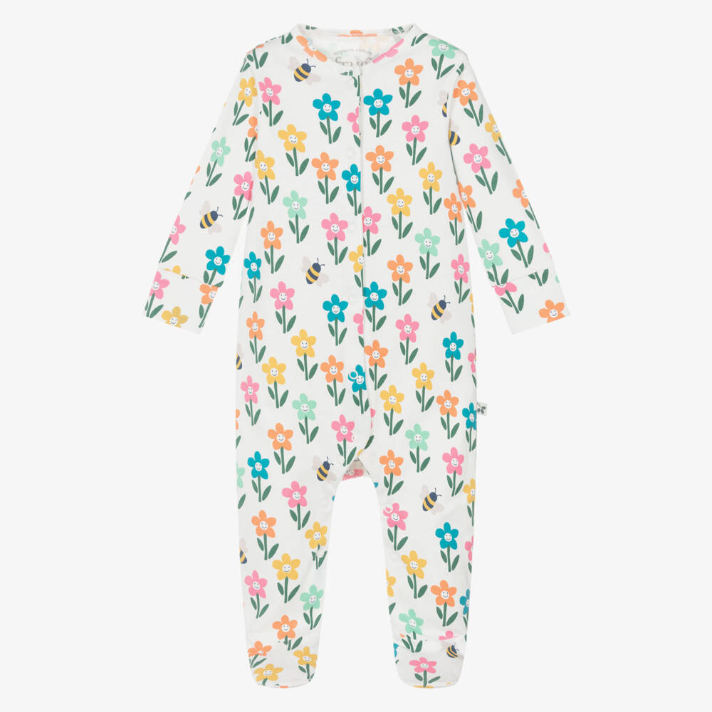 Frugi-Girls White Organic Cotton Floral Babygrow | Childrensalon
