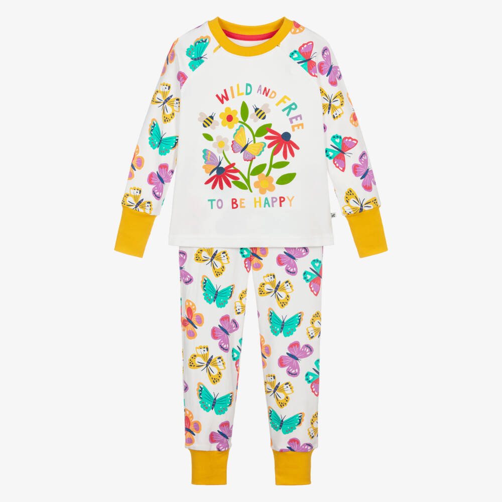Frugi-Girls White & Yellow Cotton Pyjamas with Butterfly Print | Childrensalon