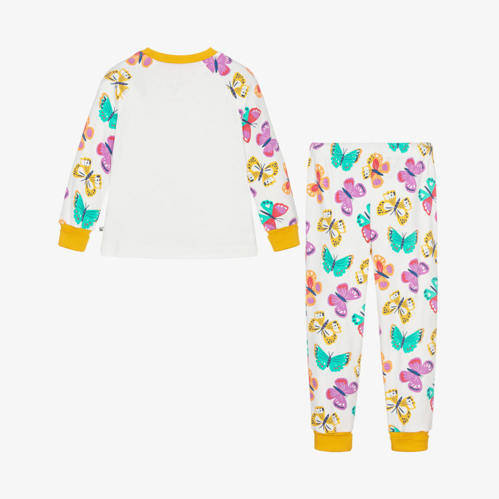 Frugi-Girls White & Yellow Cotton Pyjamas with Butterfly Print | Childrensalon