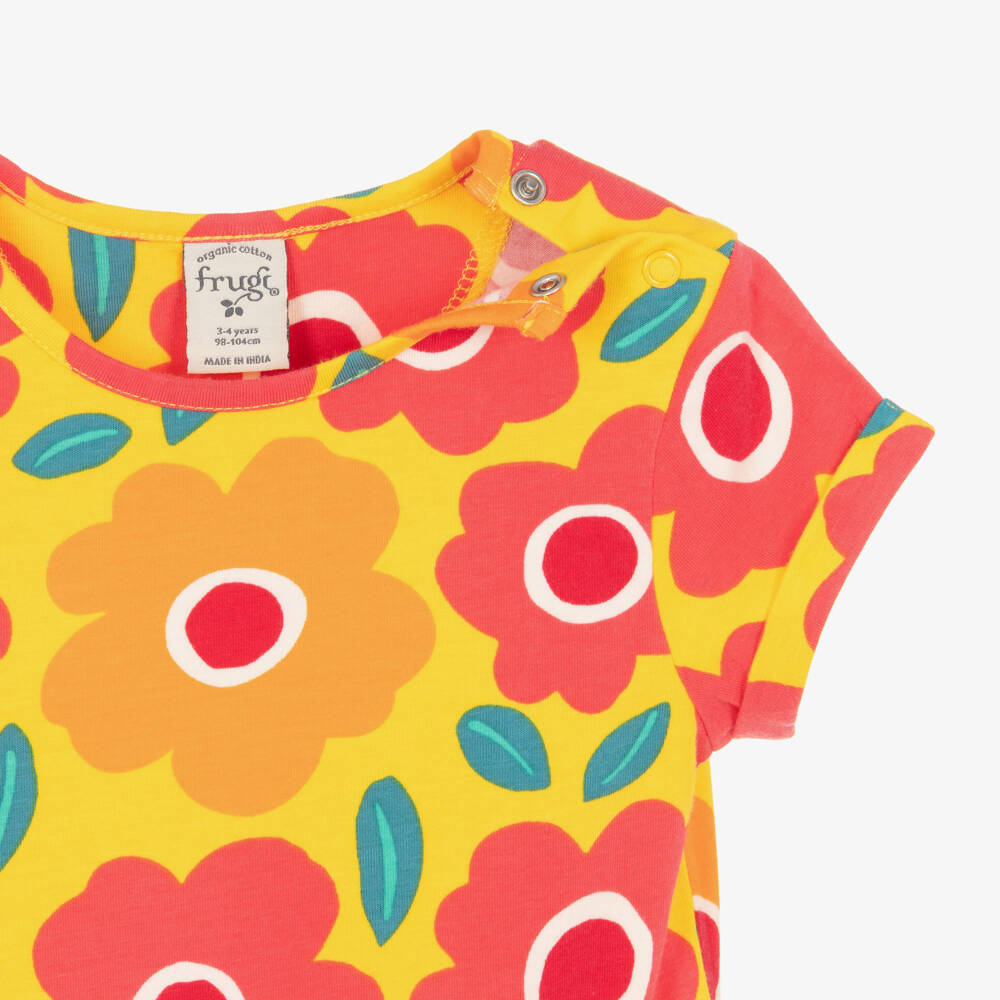 Frugi-Girls Yellow Floral Print Organic Cotton Jersey Dress | Childrensalon