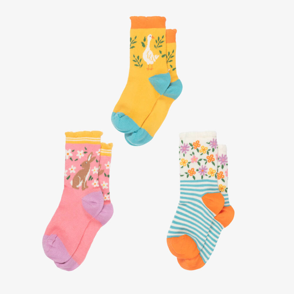 Frugi-Girls Yellow & Pink Cotton Ankle Socks (3 Pack) | Childrensalon