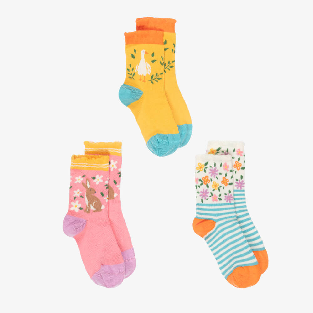 Frugi-Girls Yellow & Pink Cotton Ankle Socks (3 Pack) | Childrensalon