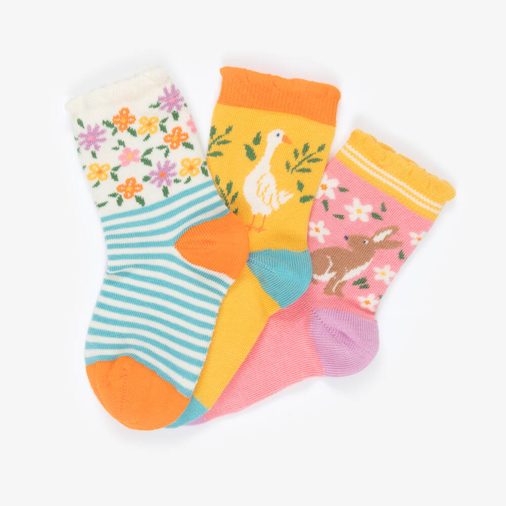 Frugi-Girls Yellow & Pink Cotton Ankle Socks (3 Pack) | Childrensalon