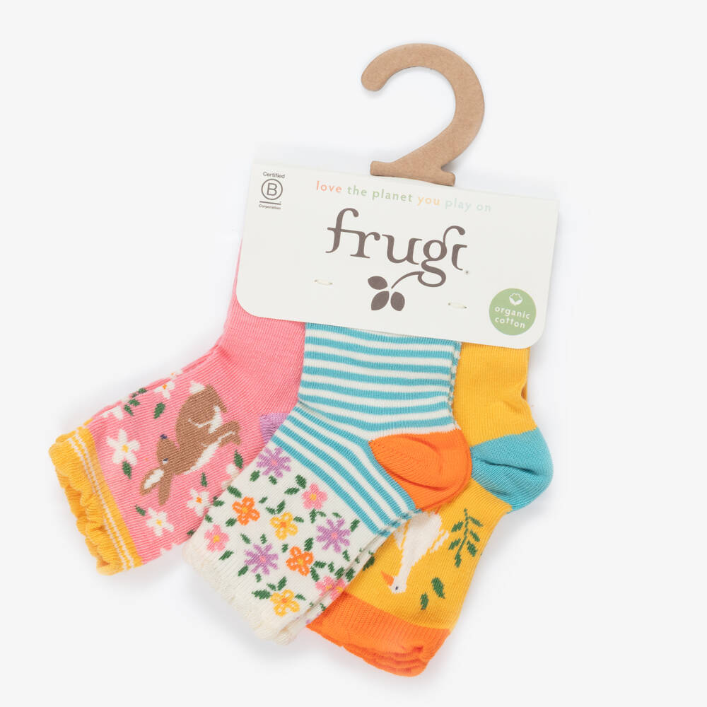 Frugi-Girls Yellow & Pink Cotton Ankle Socks (3 Pack) | Childrensalon