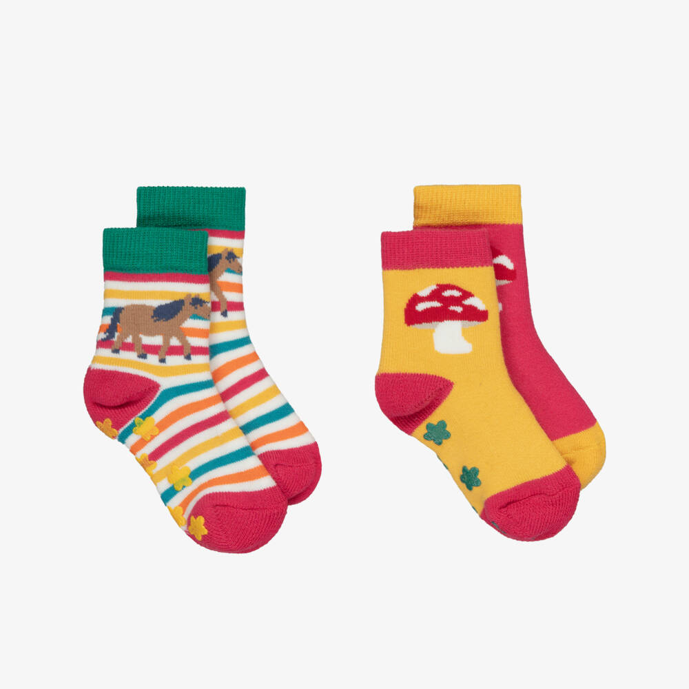 Frugi-Girls Yellow & Pink Cotton Grippy Socks (2 Pack) | Childrensalon