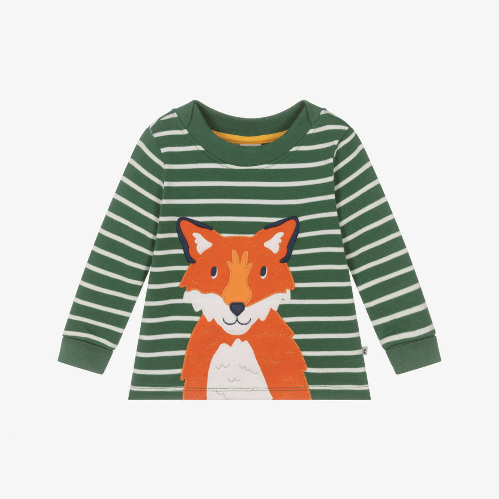 Frugi-Green Striped Organic Cotton Long Sleeve Fox Top | Childrensalon