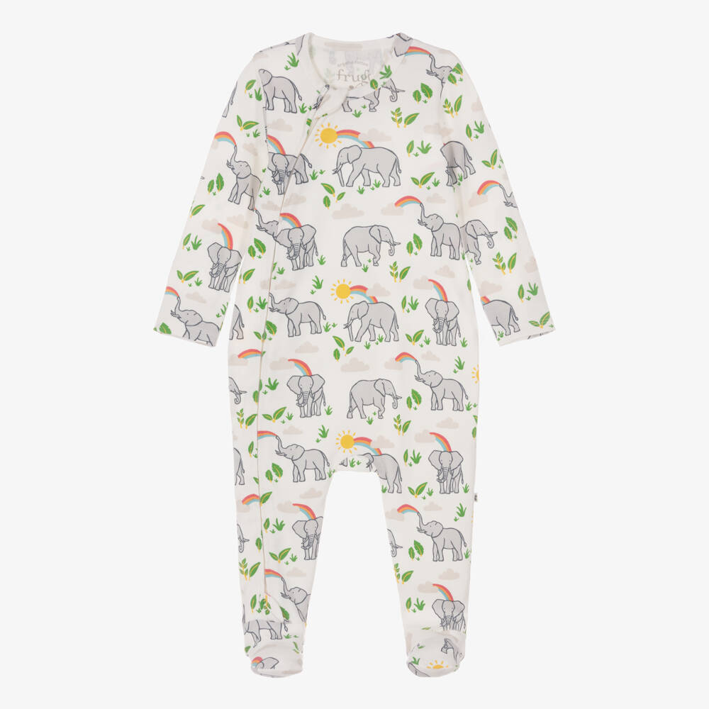 Frugi-White Organic Cotton Elephant Print Babygrow | Childrensalon