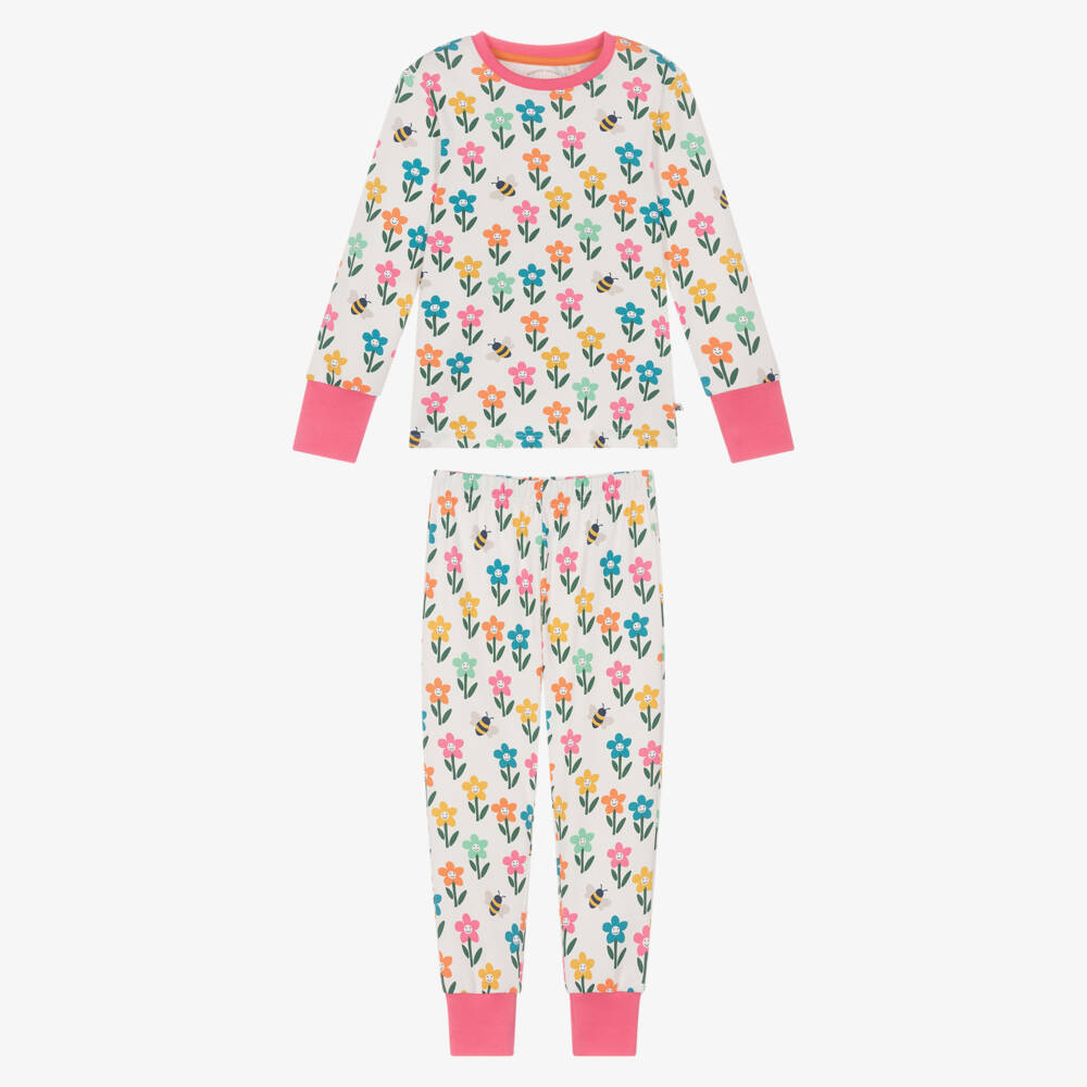 Frugi-White & Pink Organic Cotton Happy Flowers Pyjamas | Childrensalon