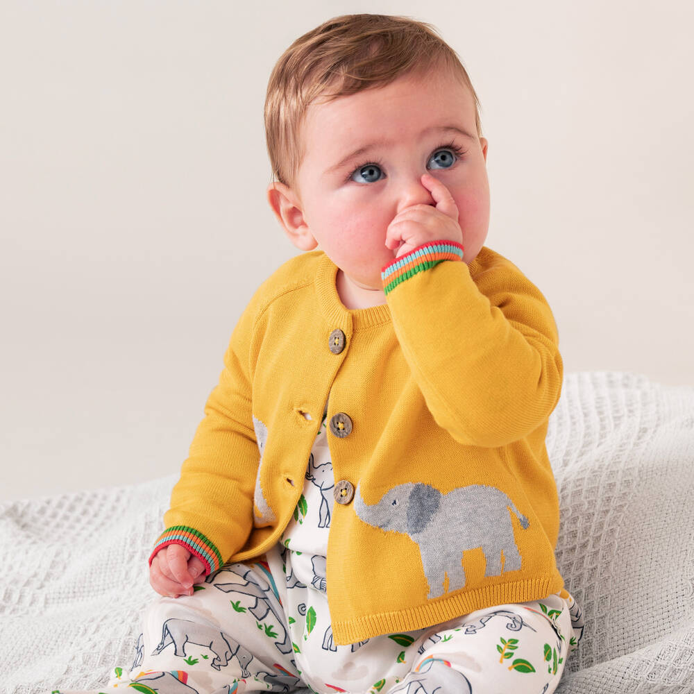 Frugi-Yellow Organic Cotton Knit Elephant Baby Cardigan | Childrensalon