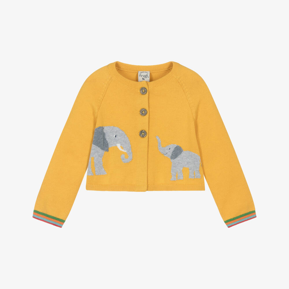 Frugi-Yellow Organic Cotton Knit Elephant Baby Cardigan | Childrensalon