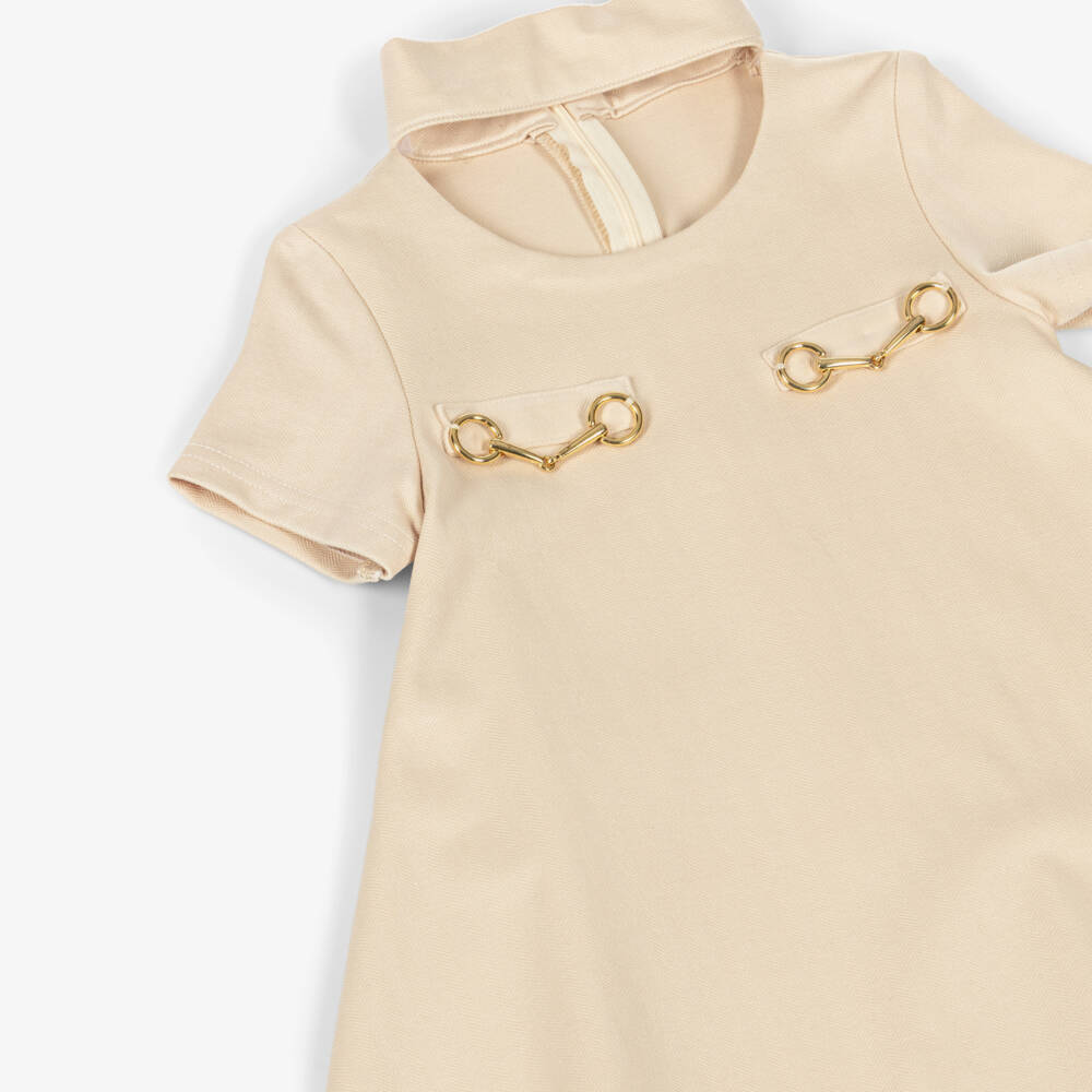 Fun & Fun-Girls Beige Jersey Dress with Gold Horse Bit Detailing | Childrensalon