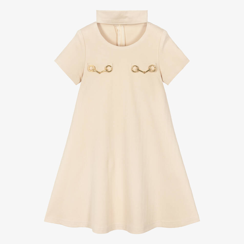 Fun & Fun-Girls Beige Jersey Dress with Gold Horse Bit Detailing | Childrensalon