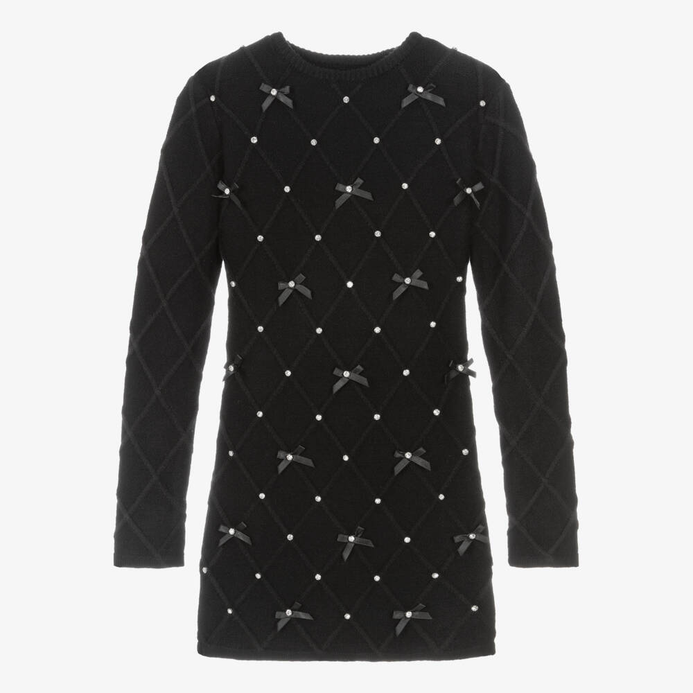 Fun & Fun-Girls Black Knitted Diamanté Bow Dress | Childrensalon