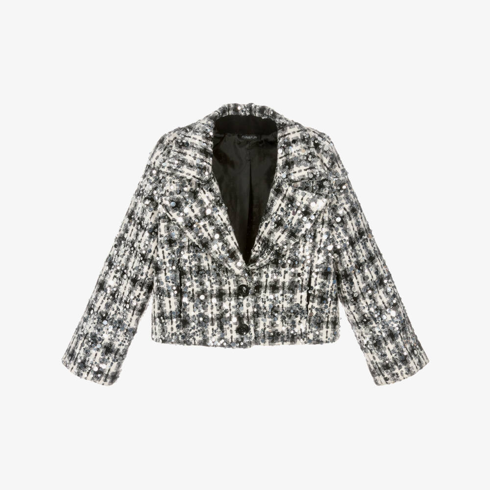 Fun & Fun-Girls Black & White Sequinned Tweed Jacket | Childrensalon