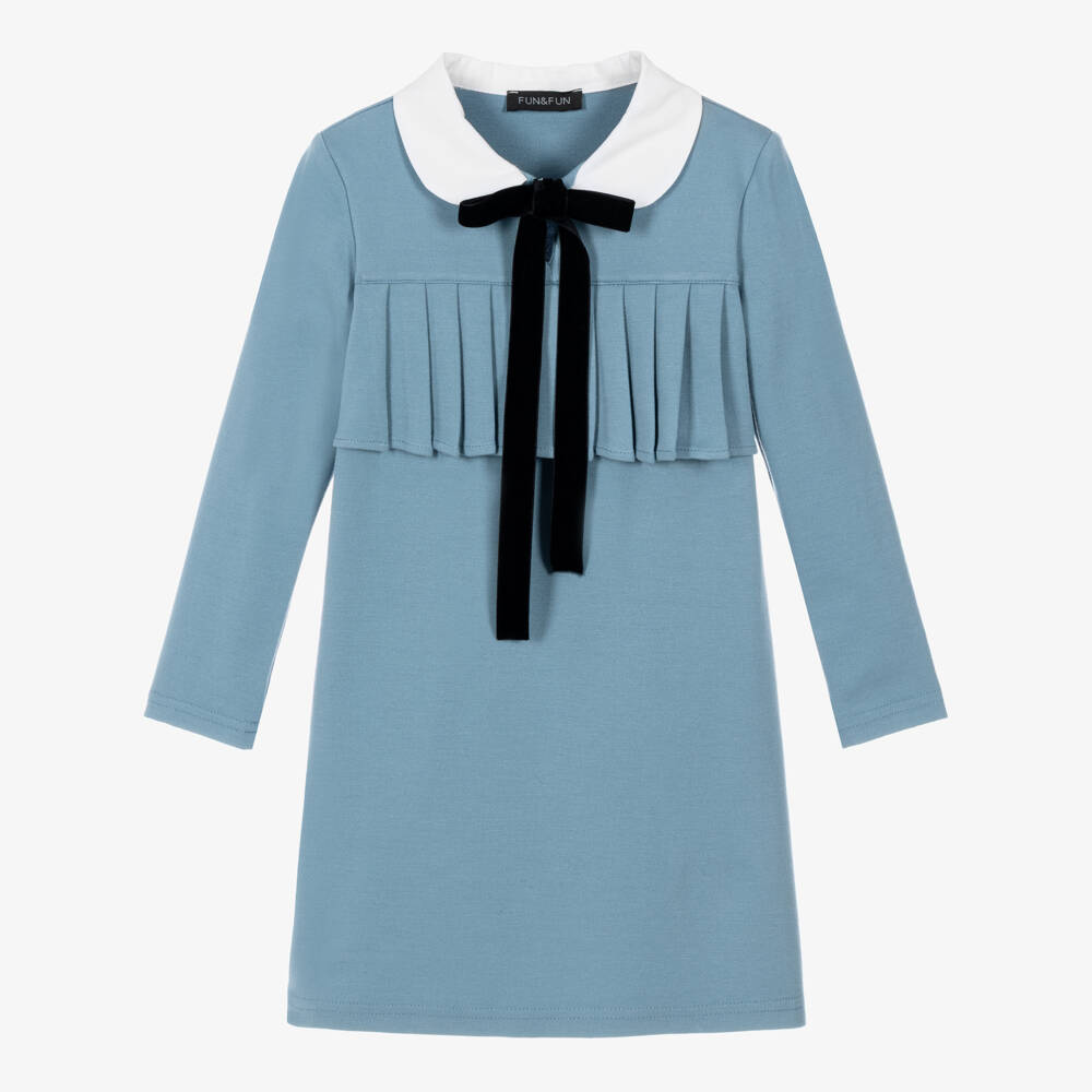Fun & Fun-Girls Blue Milano Jersey Dress with Velvet Bow | Childrensalon