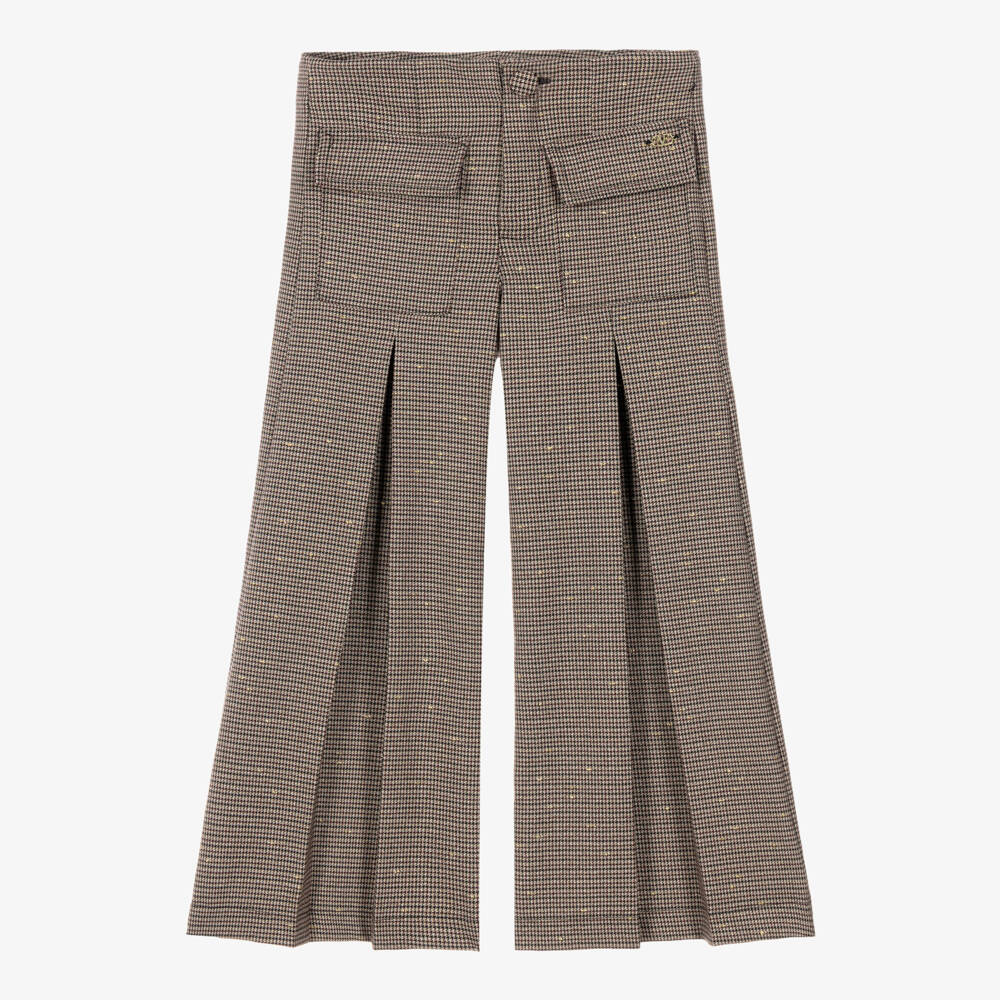 Fun & Fun-Girls Brown Houndstooth Wide Leg Trousers | Childrensalon