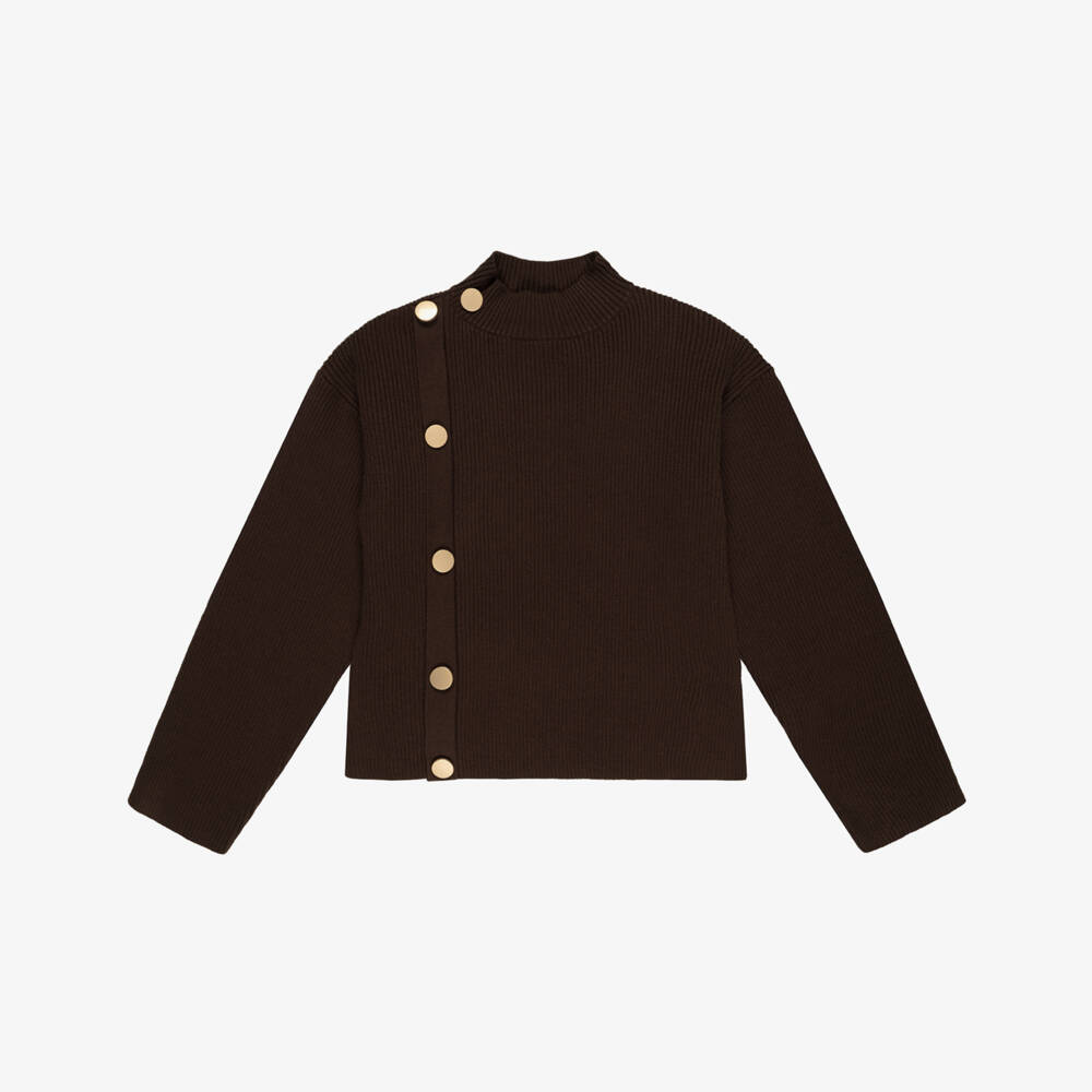 Fun & Fun-Girls Brown Ribbed Knit Sweater with Decorative Buttons  | Childrensalon