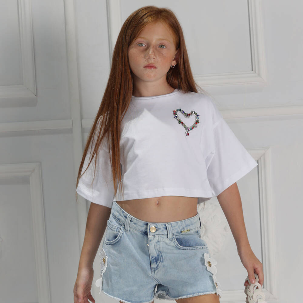 Fun & Fun-Girls Cotton T-Shirt with Jewelled Heart | Childrensalon