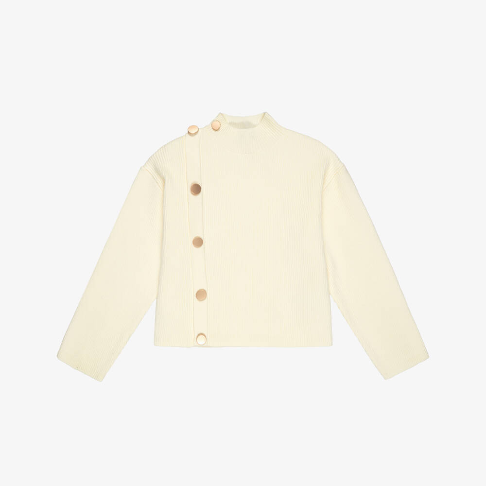 Fun & Fun-Girls Cream Ribbed Knit Sweater with Decorative Buttons  | Childrensalon