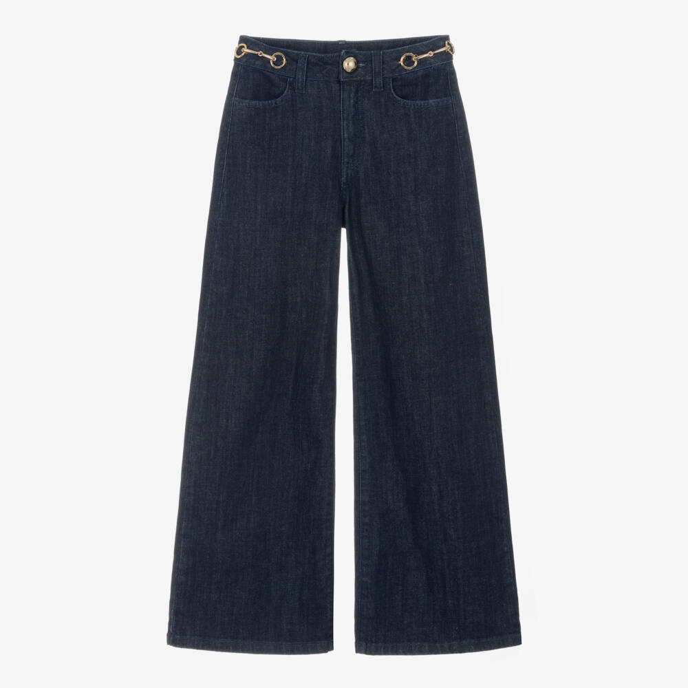 Fun & Fun-Girls Dark Blue Denim Wide Leg Jeans with Gold Horsebits | Childrensalon