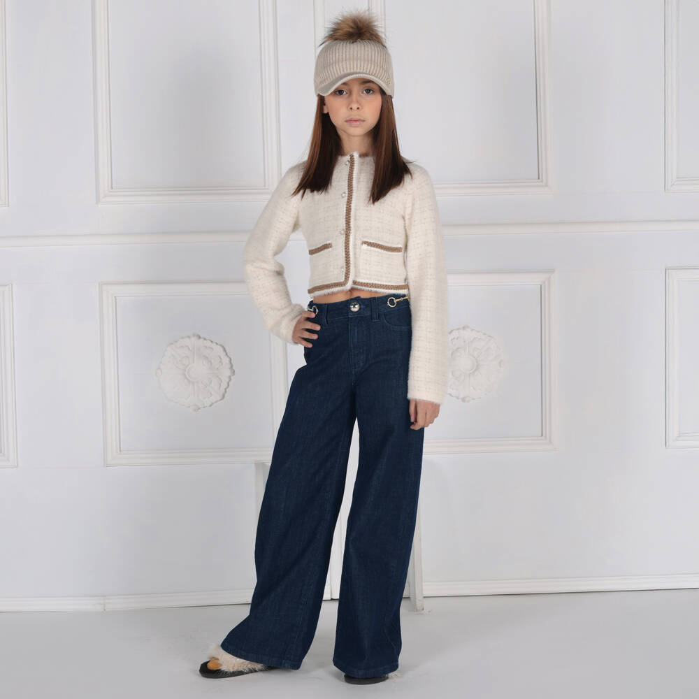 Fun & Fun-Girls Dark Blue Denim Wide Leg Jeans with Gold Horsebits | Childrensalon