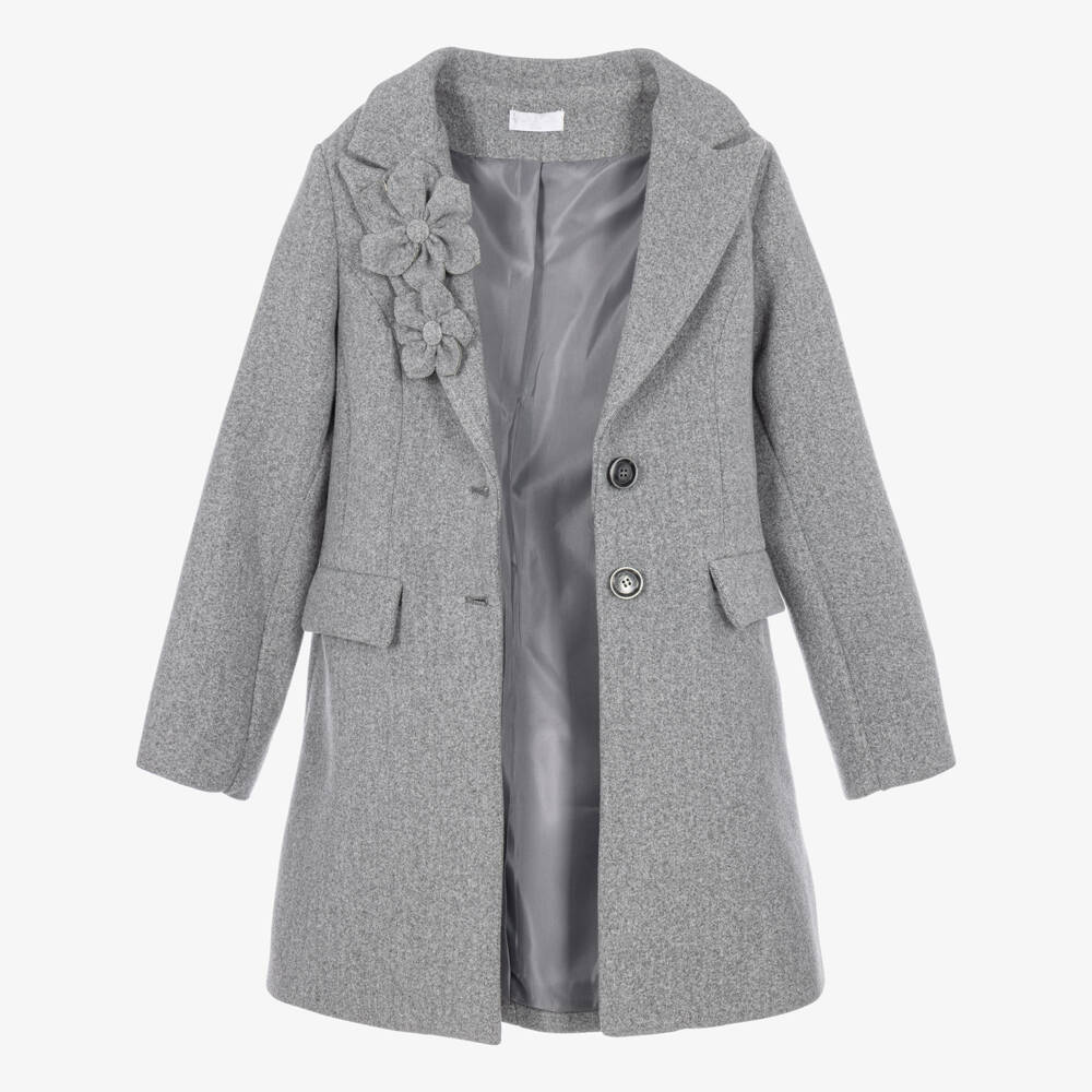 Fun & Fun-Girls Grey Felted Coat with Flower Brooches | Childrensalon