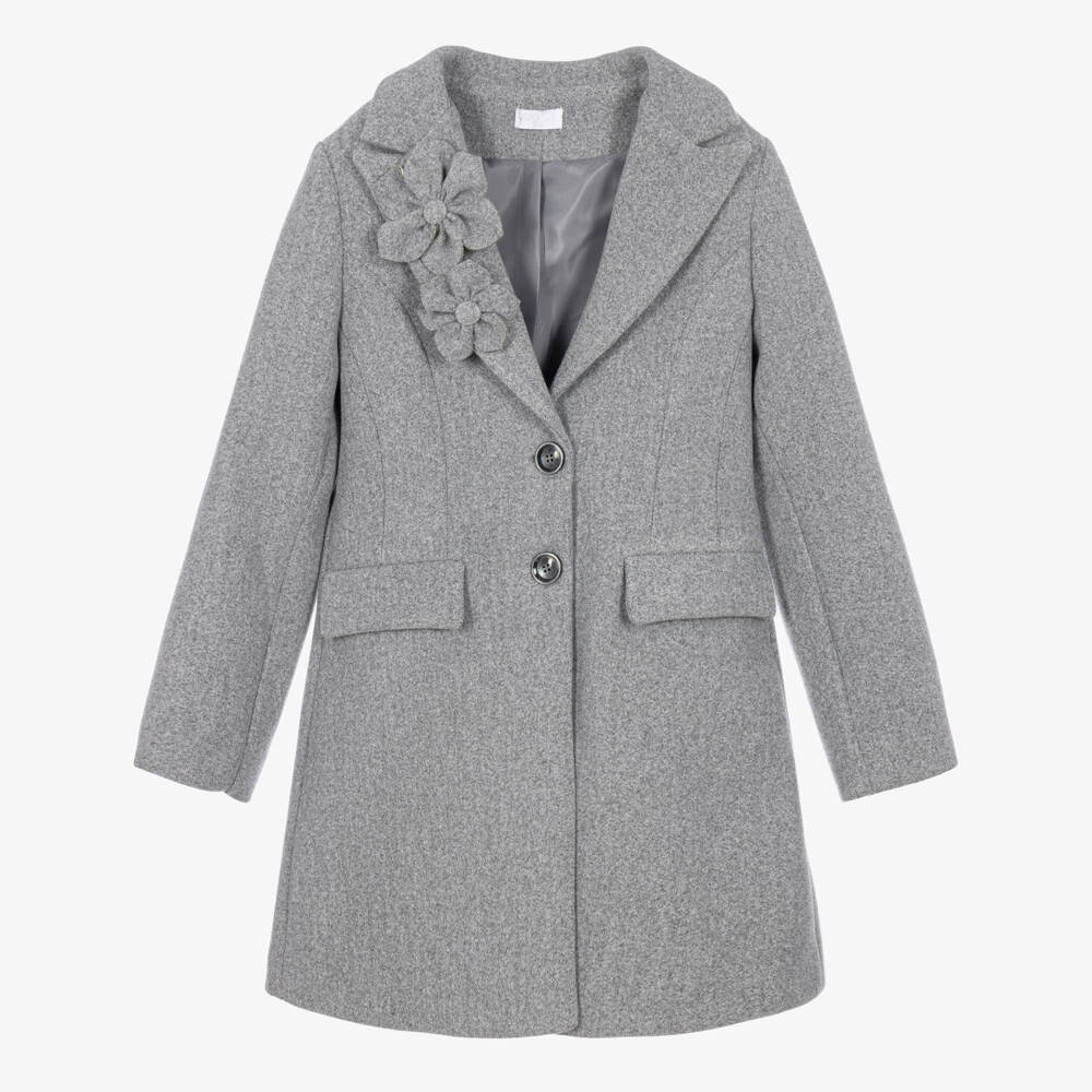 Fun & Fun-Girls Grey Felted Coat with Flower Brooches | Childrensalon