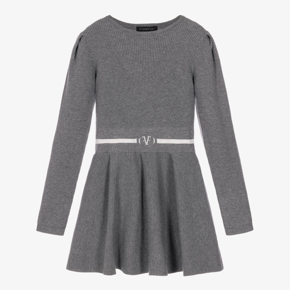 Fun & Fun-Girls Grey Knitted Skater Dress | Childrensalon