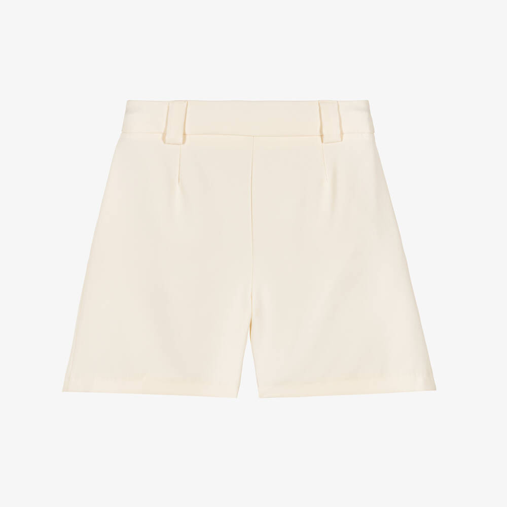 Fun & Fun-Girls Ivory Crêpe Shorts with Pleats & Gold Rose Button | Childrensalon