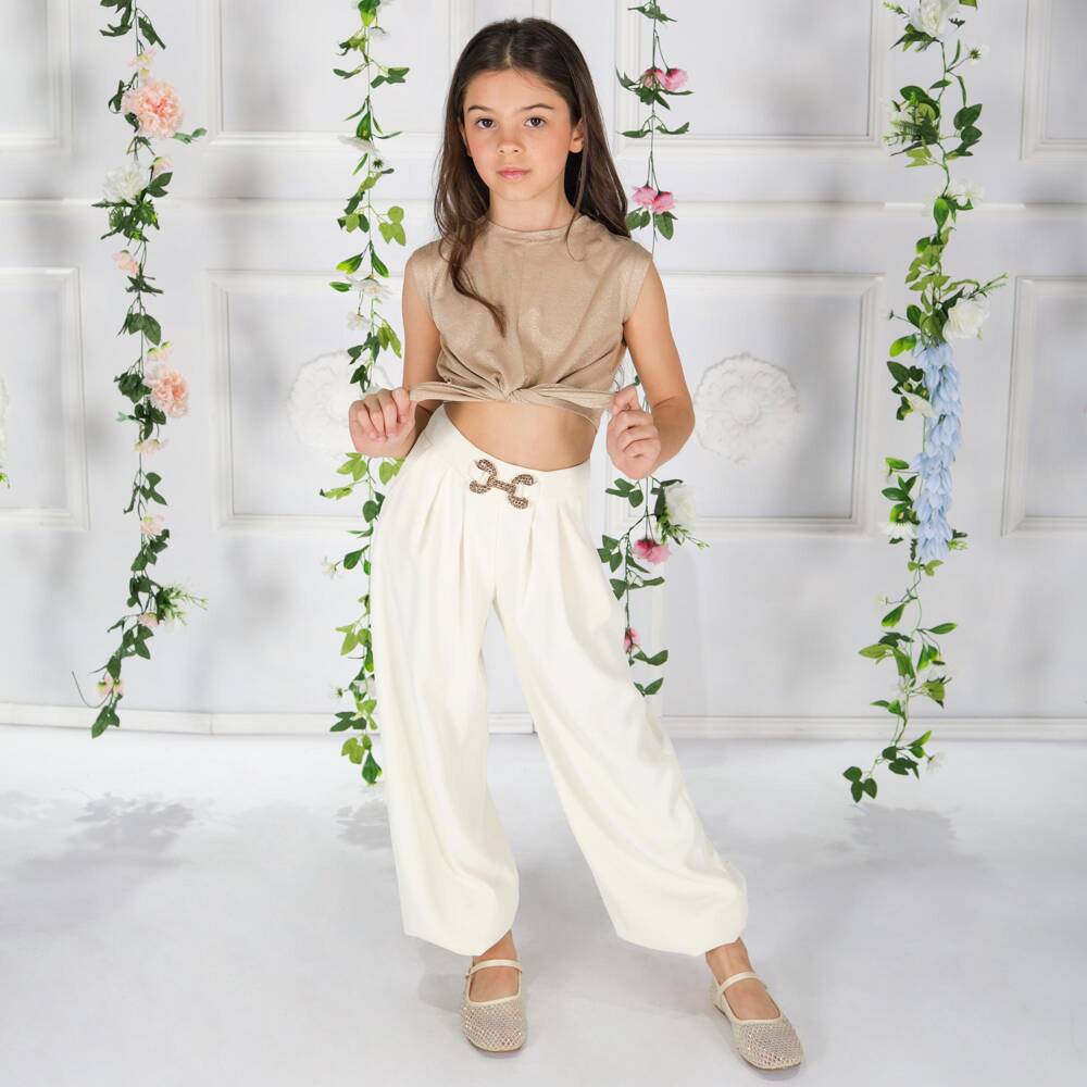 Fun & Fun-Girls Ivory Crêpe Trousers with Diamanté Buckle | Childrensalon