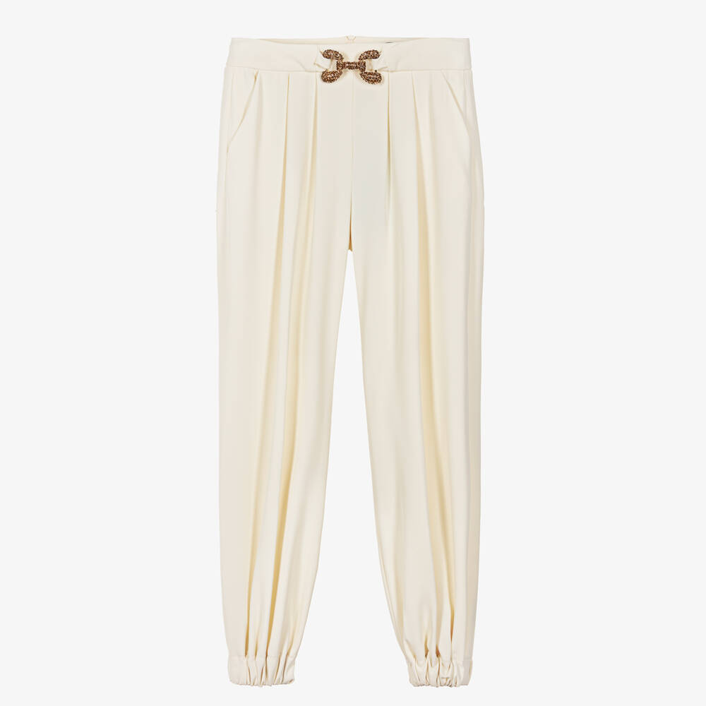 Fun & Fun-Girls Ivory Crêpe Trousers with Diamanté Buckle | Childrensalon