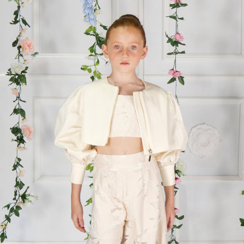 Fun & Fun-Girls Ivory Cropped Jacket with Puffed Sleeves | Childrensalon