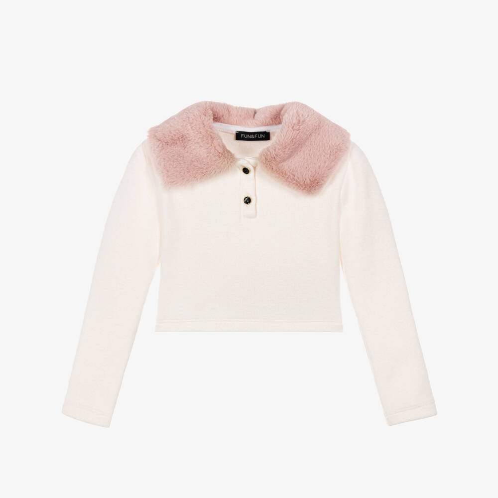 Fun & Fun-Girls Ivory Cropped Top with Pink Faux Fur Collar | Childrensalon
