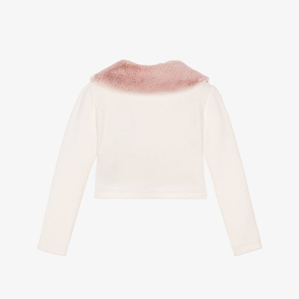 Fun & Fun-Girls Ivory Cropped Top with Pink Faux Fur Collar | Childrensalon