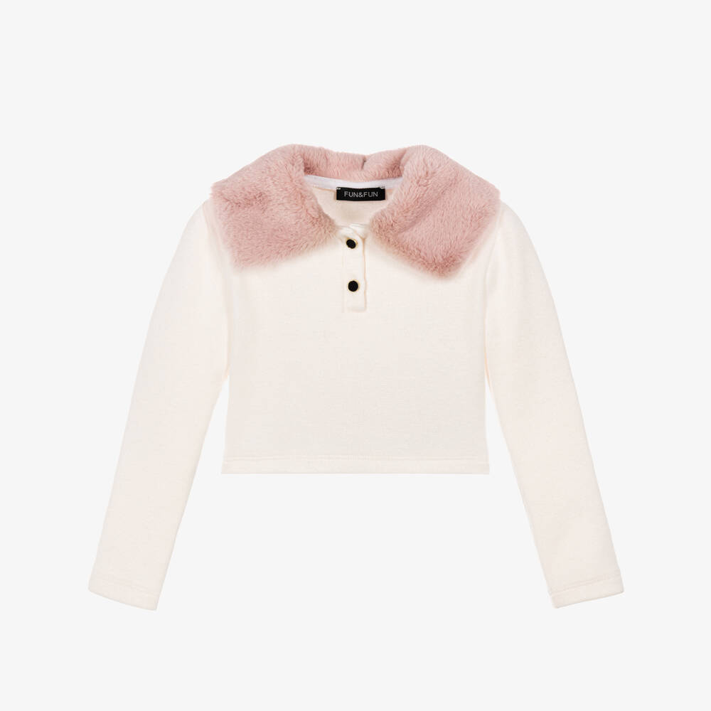 Fun & Fun-Girls Ivory Cropped Top with Pink Faux Fur Collar | Childrensalon