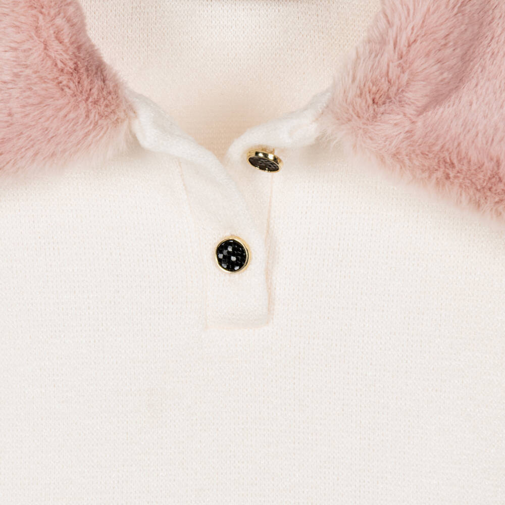 Fun & Fun-Girls Ivory Cropped Top with Pink Faux Fur Collar | Childrensalon