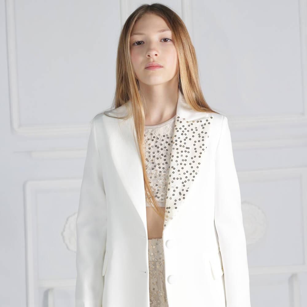 Fun & Fun-Girls Ivory Longline Blazer with Lace & Sequins | Childrensalon